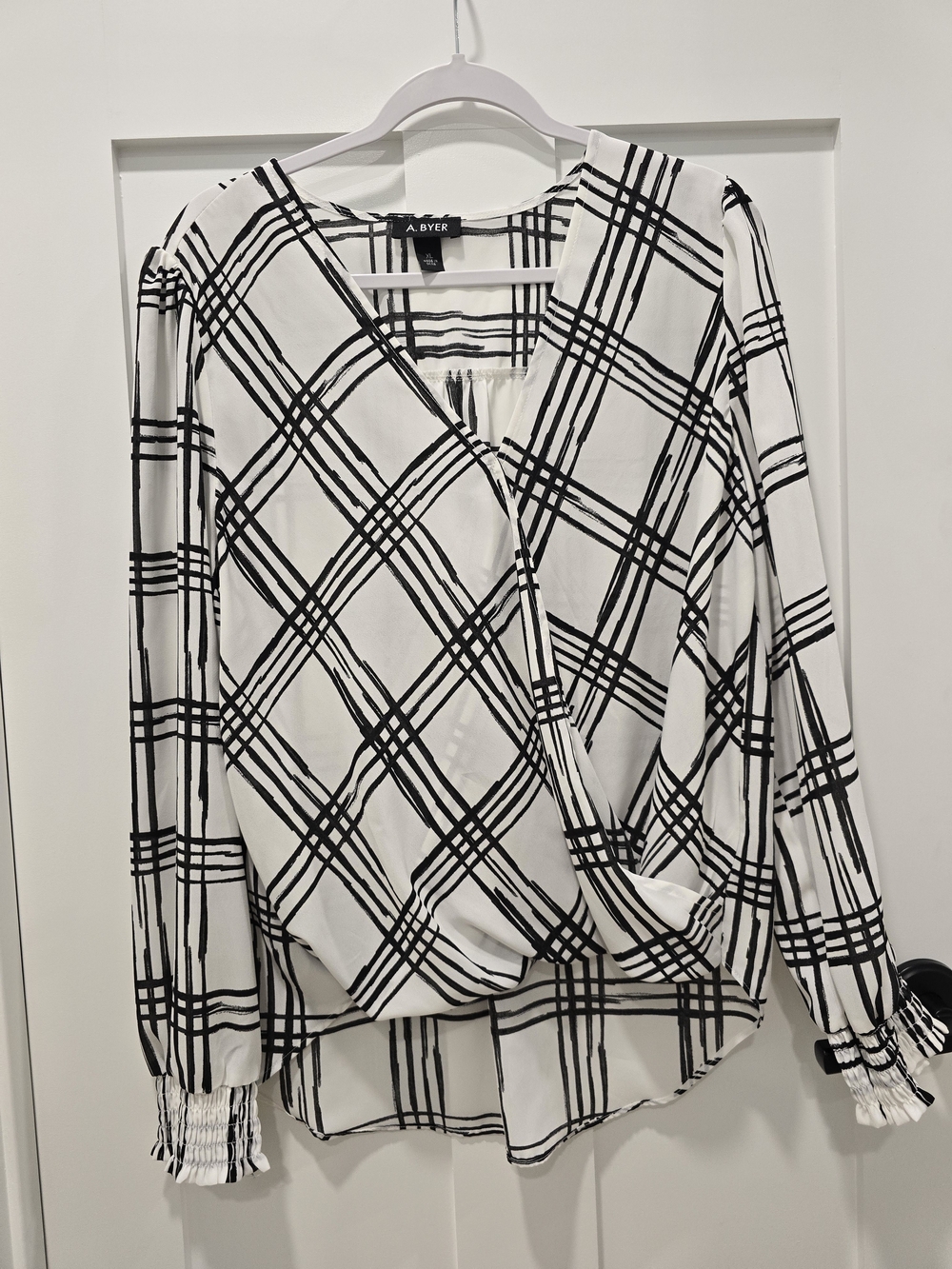 A. Byer Black & White Plaid Wrap-Front Blouse